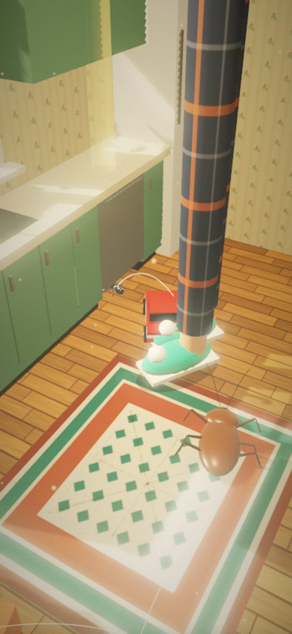 Giant feet in teal slippers crossing the kitchen floor past a cockroach