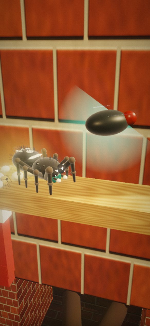A fly glowing teal over the kitchen counter
